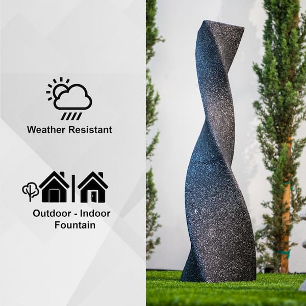 39 in. H Freestanding Resin Fiberglass Sculptural Modern Twisted Pilar Outdoor Garden Fountain w/LED Light, Black