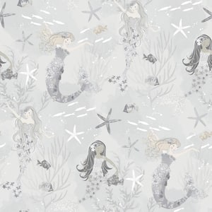 Tiny Tots 2-Collection Grey/Silver Glitter Finish Kids Mermaid Design Non-Woven Paper Wallpaper Roll