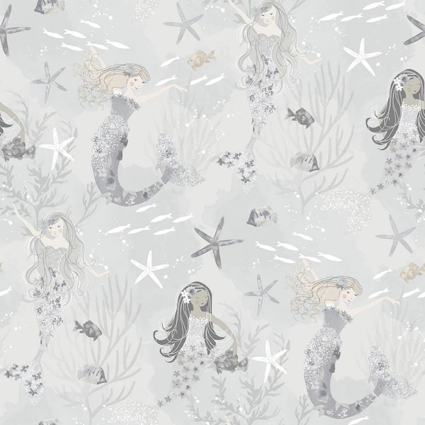 Unbranded Tiny Tots 2-Collection Grey/Silver Glitter Finish Kids Mermaid Design Non-Woven Paper Wallpaper Roll
