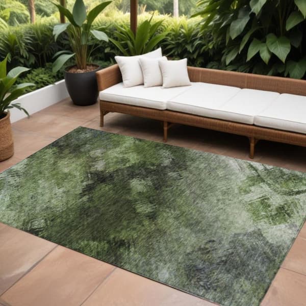 Green, Ivory 9 ft. x 12 ft. Woven Abstract Polyester Rectangle Indoor / Outdoor Area Rug