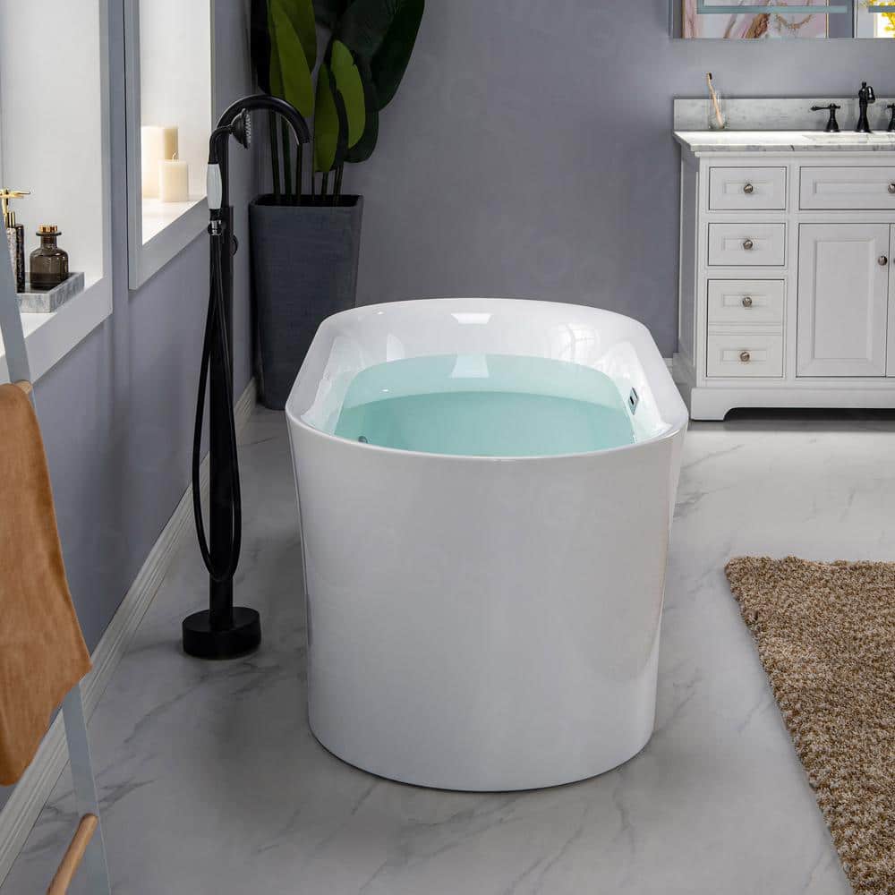 67'' White Acrylic Freestanding Air Soaking Bathtub with Brushed Gold Trim