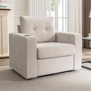 White Velvet Upholstered 90-Degree Swivel Arm Chair, Accent Chair with Drink Holder, USB Charging, 2 Side Pockets