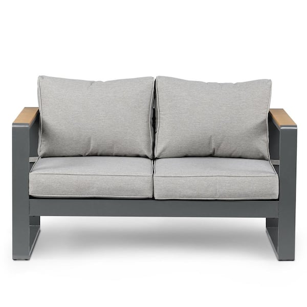 Aoodor 25 in. x 53 in. x 25 in. 2-Seater Aluminum Outdoor Loveseat Sofa Chair Furniture Set with Light Gray Cushion