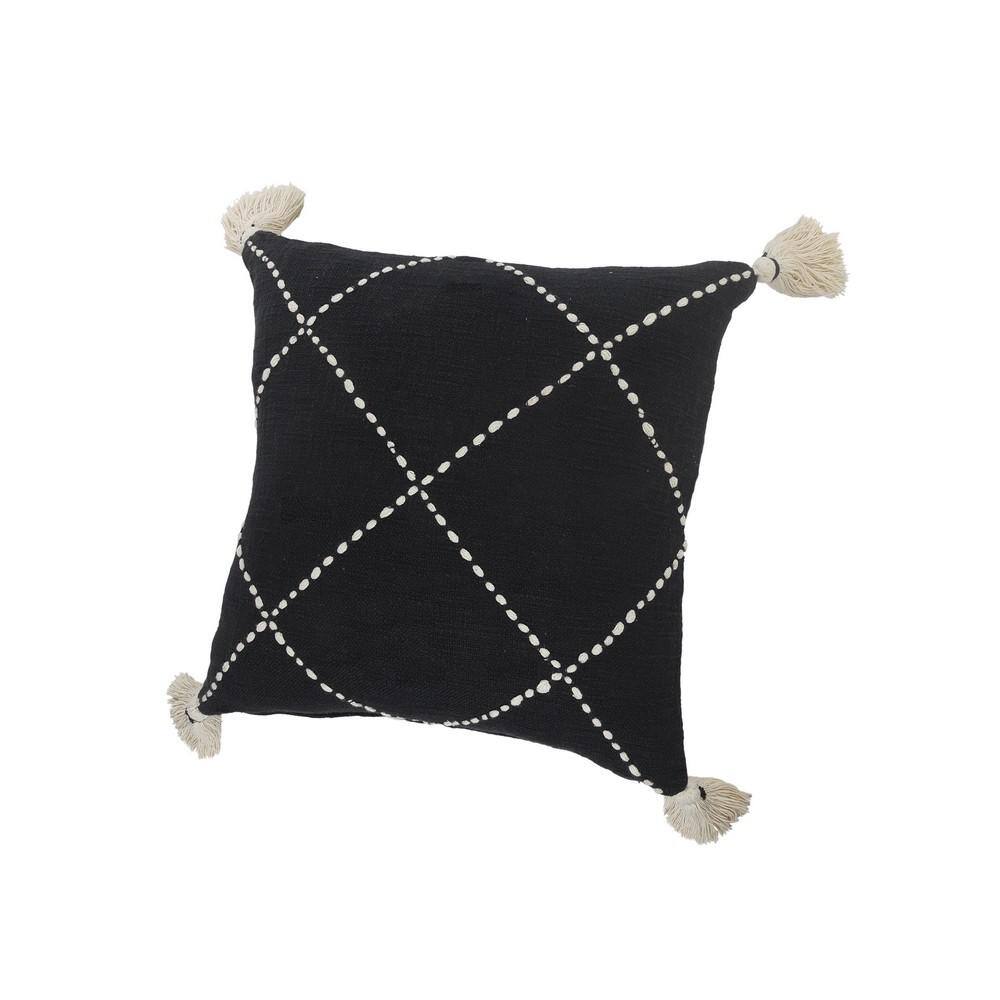 Geometric Black and White Embroidered Tassel Throw Pillow 20x20