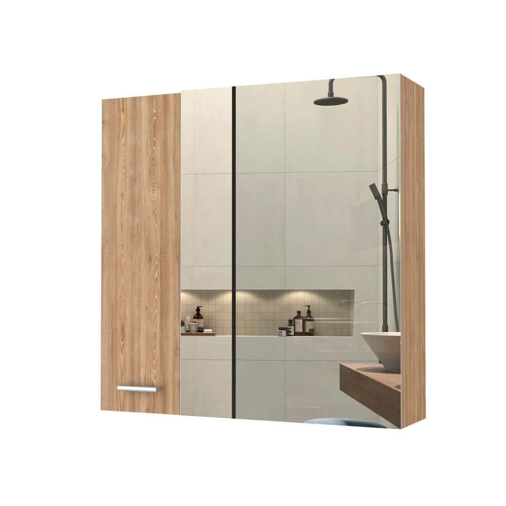 23.6 in. W x 23.6 in. H Brown Rectangular Wood Medicine Cabinet with Mirror