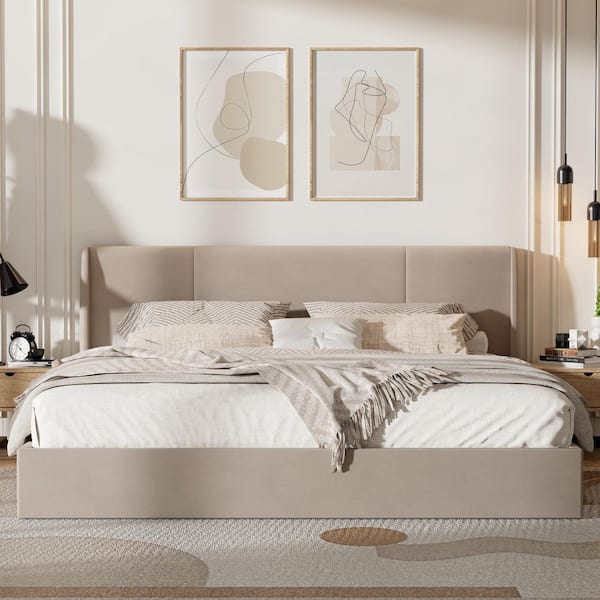 Greige Beige Frame King Size Wingback Upholstered Platform Bed with Lift-Up Storage Supported by Metal and Wooden Slats