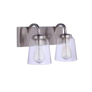 Elsa 14 in. 2-Light Brushed Polished Nickel Finish Vanity Light with Clear Glass Shade