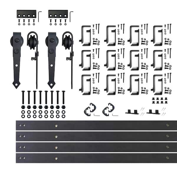 HOMACER 16 ft./192 in. Black Rustic Double Track Bypass U-Shape Sliding Barn Door Hardware Kit - Arrow Design Roller