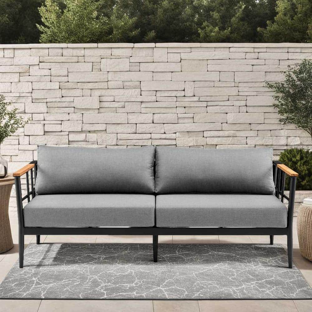 Veyda Black Aluminum and Teak Wood Outdoor Sofa wth Dark Gray Cushions