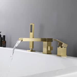 Waterfall Single-Handle Deck-Mount Roman Tub Faucet with Hand Shower in Brushed Gold