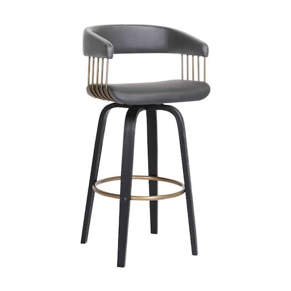 Benjara 30.5 in. Gray, Bronze and Black Low Back Metal Frame Bar Stool with Faux Leather Seat