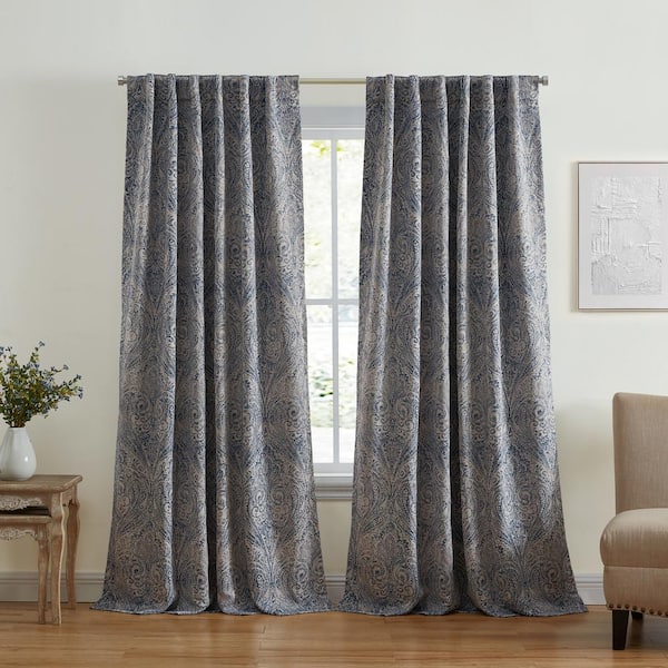 Elrene Vittoria Blue Polyester Paisley Printed 52 in. W x 95 in. L Rod Pocket/Back-Tab Indoor Blackout Curtain (Single Panel)