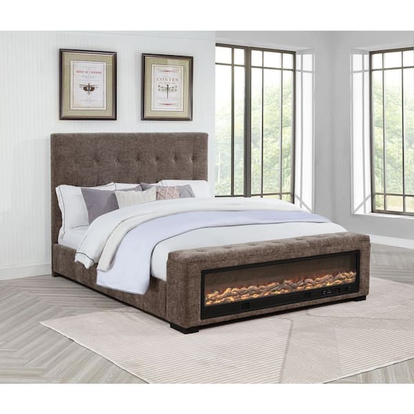 Emberrest Gray Wood Frame Queen Platform Bed with Fireplace Footboard