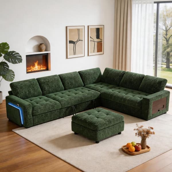 102 in. 7-Seat L-Shaped Modular Sleeper Sofa,Pull Out Bed,Adjustable Back,USB,Tufted Cushions Storage,Tool-Free Assembly