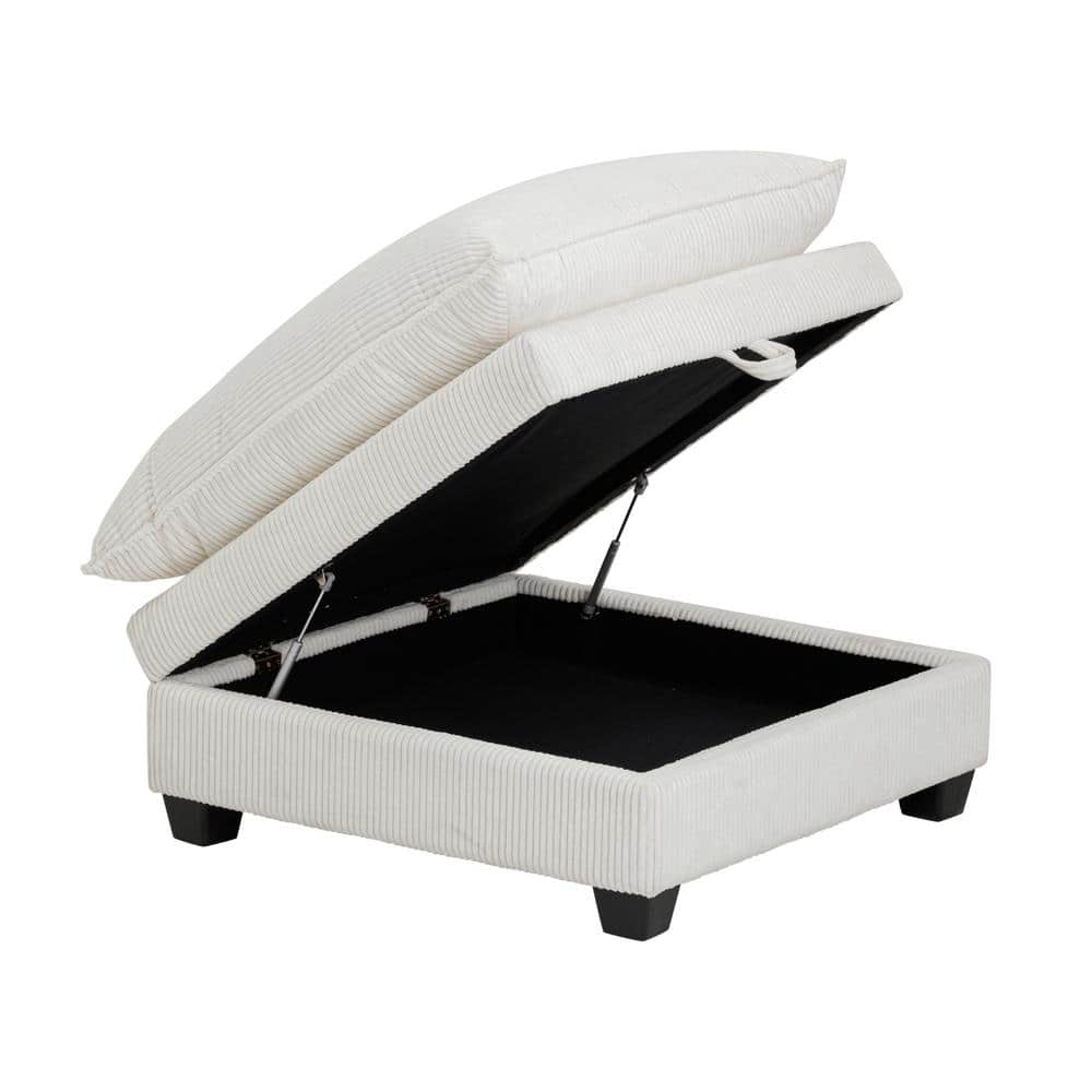 Pearl White Corduroy Upholstered Storage Ottoman with Removable Cushions