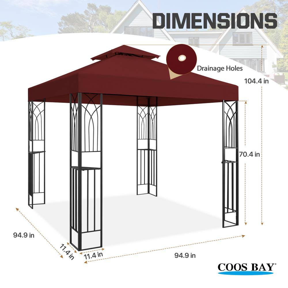 8x8 Red Metal Patio Gazebo with Corner Shelves