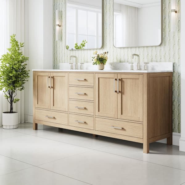 80 in. Freestanding Oak Solid Wood Bath Vanity with Durable Carrara White Cultured Marble Top, Soft-Close, Assembled