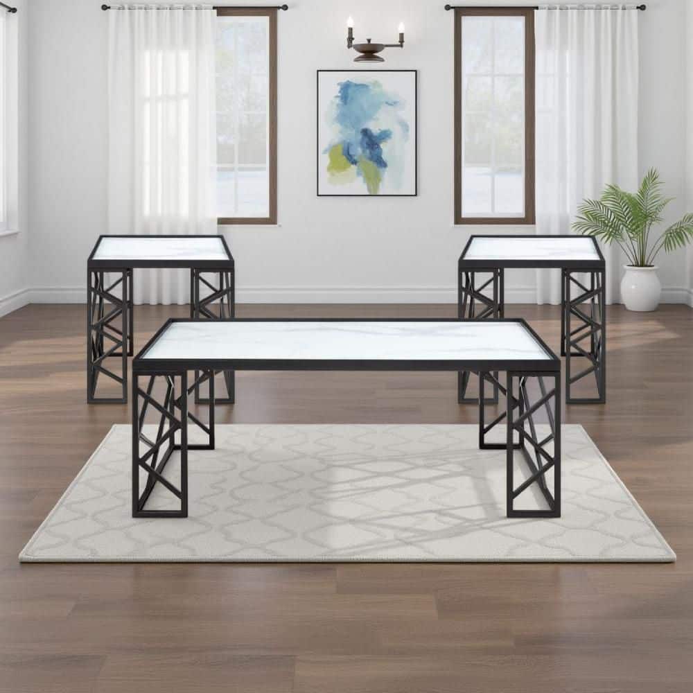 Anya 48 in. White and Black Rectangle Glass Coffee Table with 2 End Tables