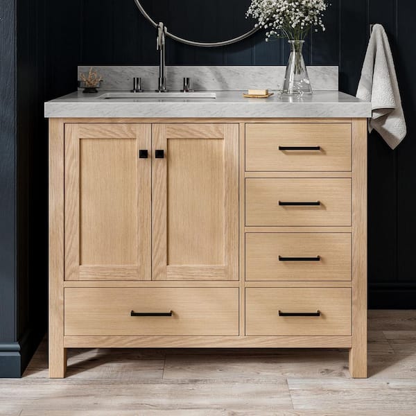 ARIEL Cambridge 42 in. Single Sink Freestanding Bathroom Vanity in Oak with Carrara White Marble Top