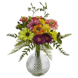 15 in. Artificial Mixed Flower in Glass Vase