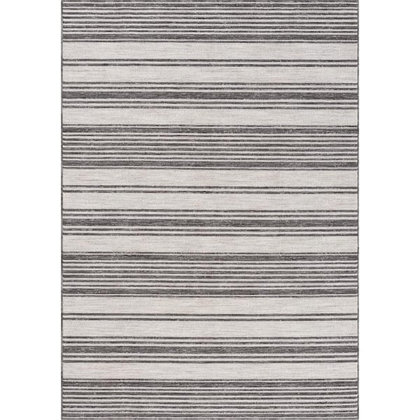 Wyatt Ivory/Gray 7 ft. 10 in. x 8 ft. 10 in. Striped High-Low Yarn Indoor/Outdoor Area Rug