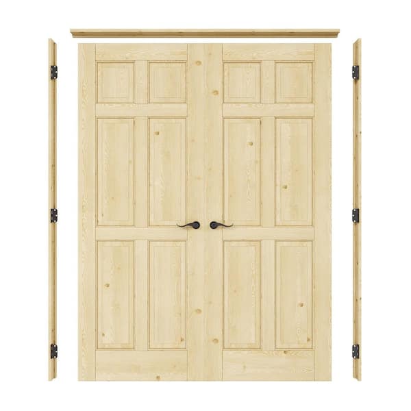 64 in. x 80 in. 6-Panel Universal Solid Core Unfinished Pine Wood Double Prehung Interior Door with Quick Assemble Jamb