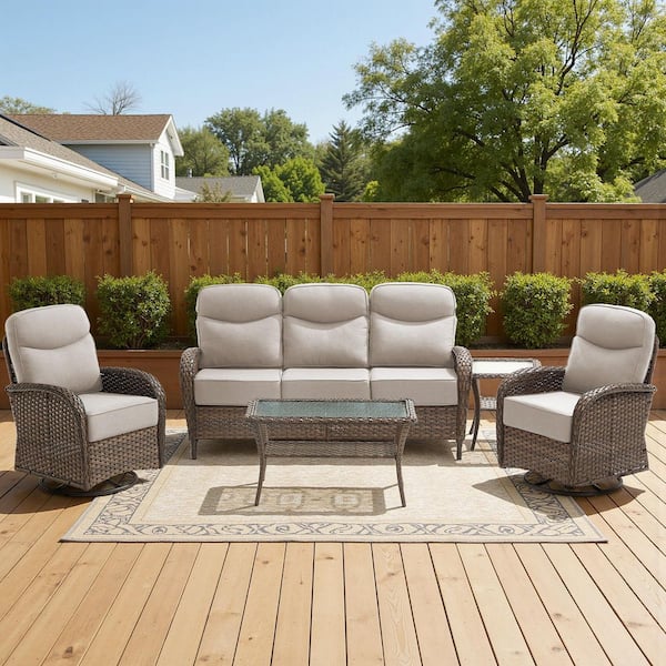High Crescent 5-Piece Brown Wicker Patio Conversation Set with Beige Cushions
