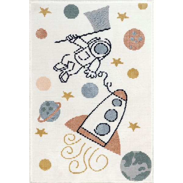 nuLOOM Caree Astronaut Kids Fringe Beige 4 ft. x 6 ft. Area Rug