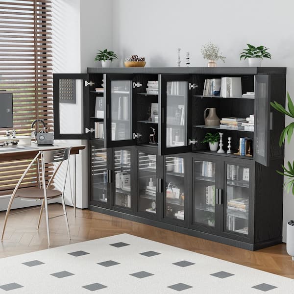 62 in. Tall 62 in. W Black Wood 8-Shelf Standard Bookcase with Adjustable Shelves, Glass Doors Storage