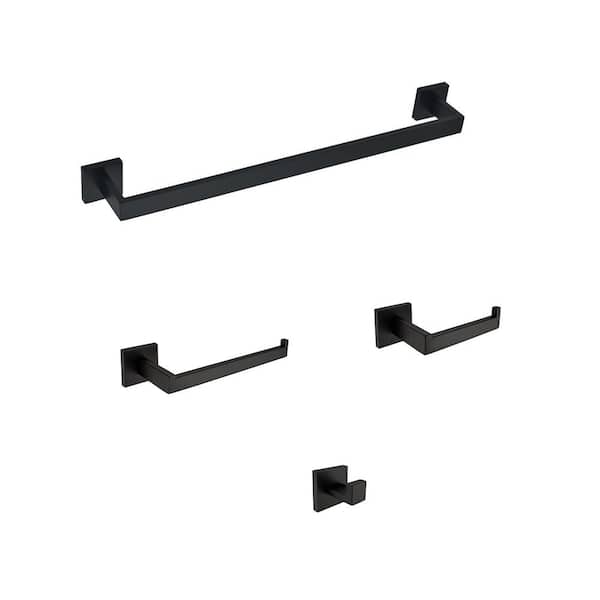 FORCLOVER 4-Piece Bath Hardware Set with Towel Bar, Hand Towel Holder, Toilet Paper Holder and Robe Hook in Matte Black