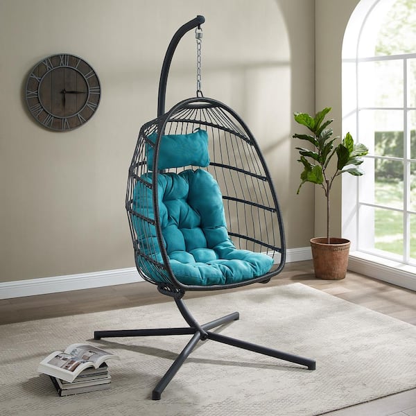 Welwick Designs 1-Person Gray Rattan Patio Swing Egg Chair with Gray Stand and Teal Cushions