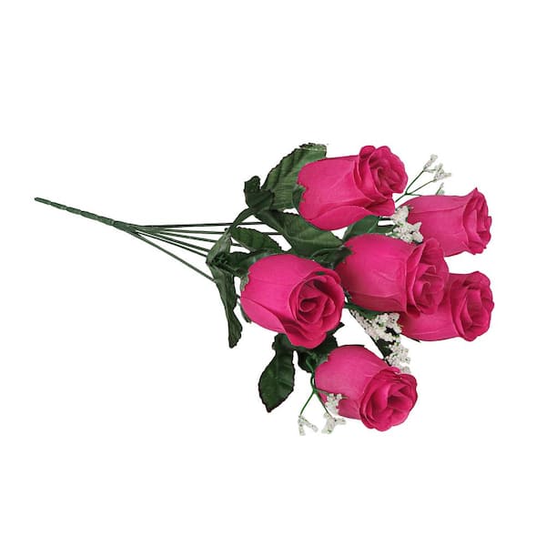 LIVING LUXURY 14 in. Hot Pink Artificial Rose Bud Flower Stem Bush