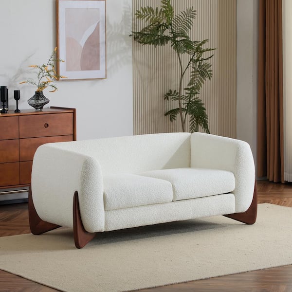 Nisant Modern Upholstered Boucle Loveseat, Birch Wood Frame, Beige plus Brown