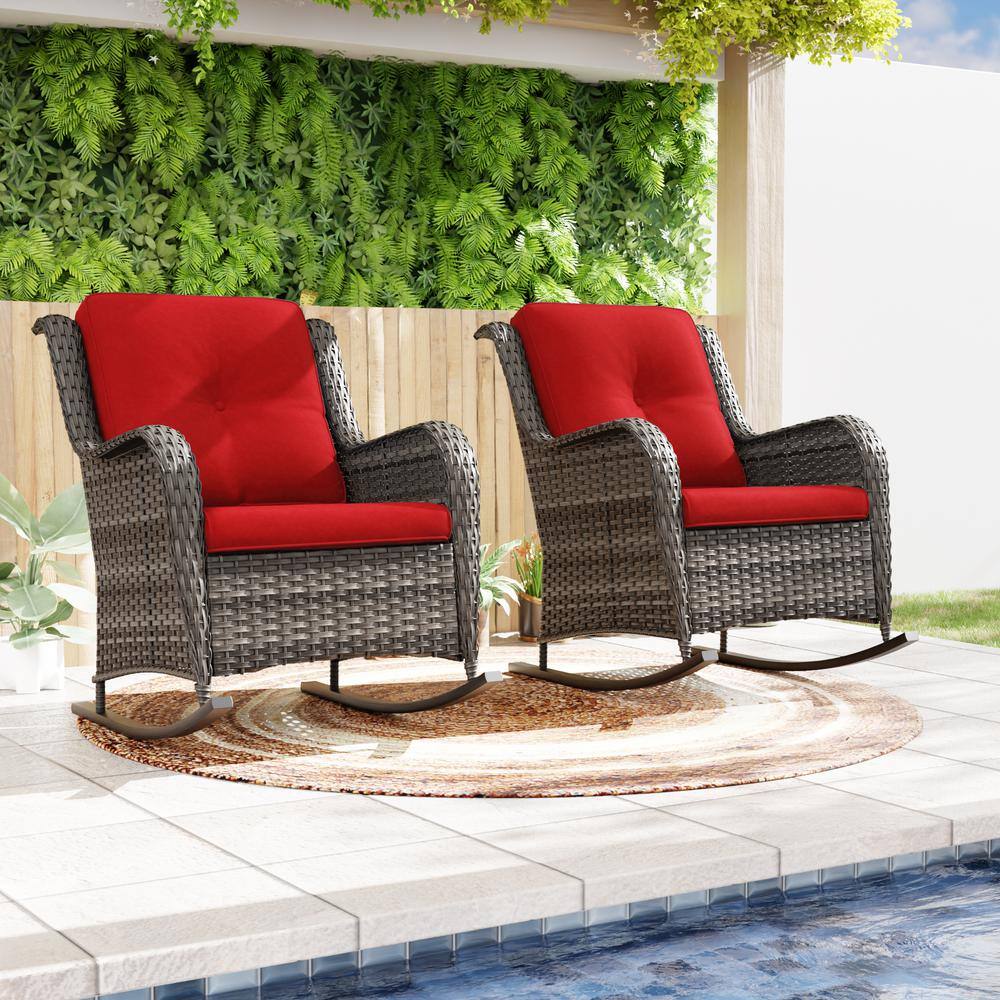 JOYSIDE Wicker Outdoor Rocking Chair Patio with Red Cushion (2-Pack ...