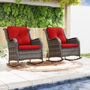Wicker Outdoor Rocking Chair Patio with Red Cushion (2-Pack)