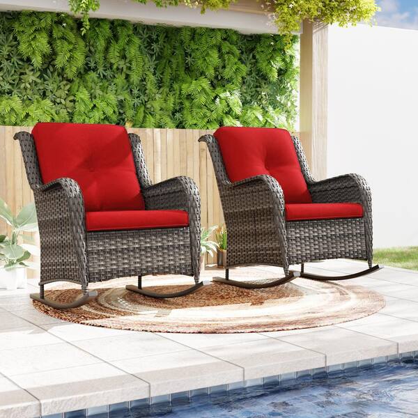 JOYSIDE Wicker Outdoor Rocking Chair Patio With Red Cushion (2-Pack ...