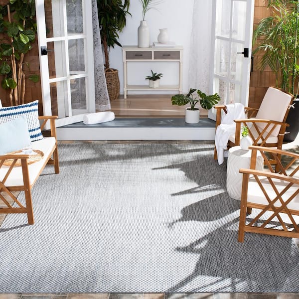 Courtyard Gray/Navy 9 ft. x 9 ft. Coastal Solid Distressed Indoor/Outdoor Patio Square Area Rug