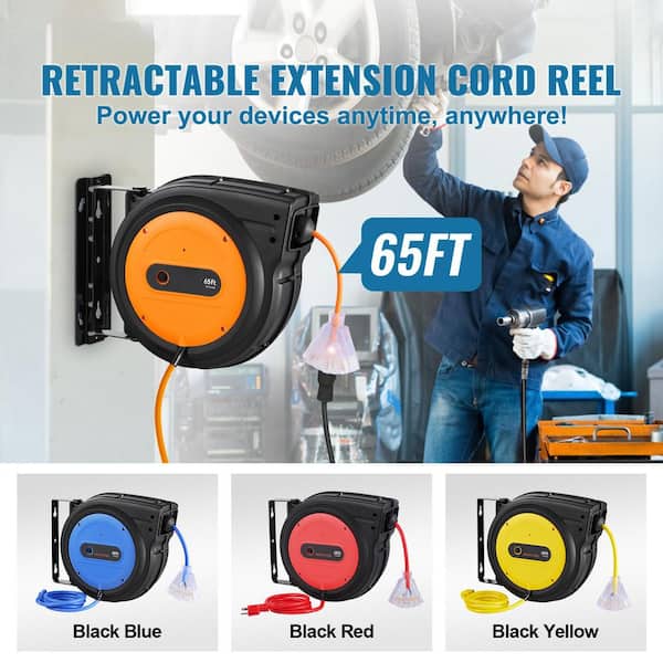 Retractable Extension Reel, 65 ft. 12 / 3,15 Amp Retractable Extension Cord Reel with 1 Grounded Outlets and Tri-Tap end