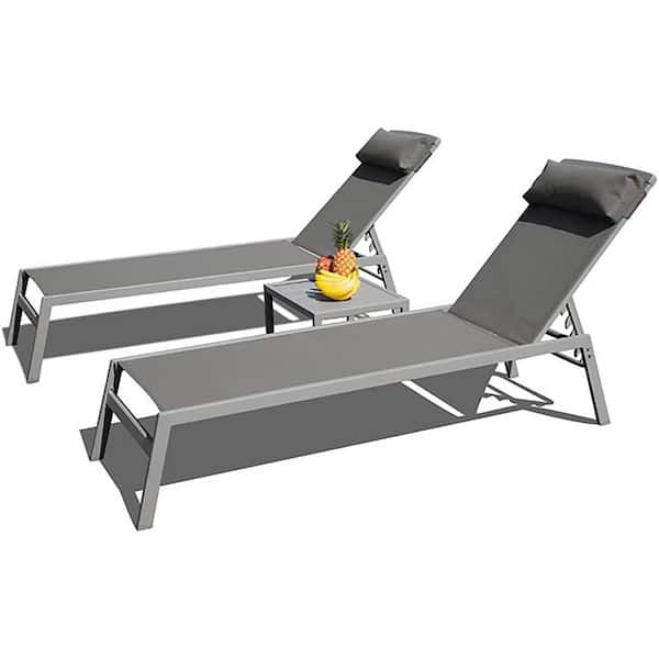 Unbranded 3-Piece Adjustable Metal Outdoor Chaise Lounge Textilene Patio Lounge Chair Set with Side Table in Grey