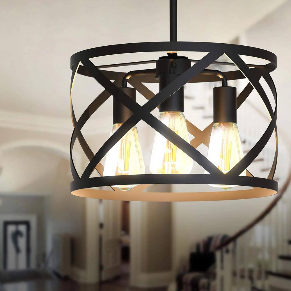 Ludwig Black Metal Drum Pendant Light with LED Bulbs