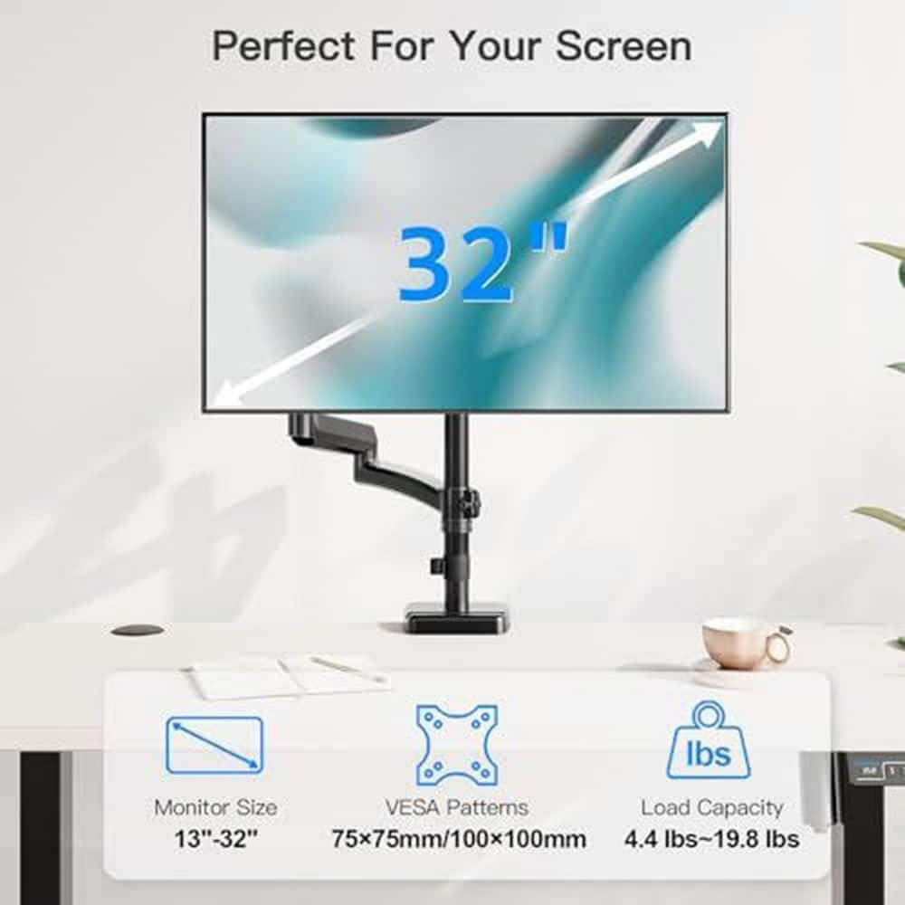 Extra Long Arm Adjustable Monitor Desk Mount 13-32 Inch Single Screen Stand with Tilt Swivel Rotation Black - Thumbnail 3