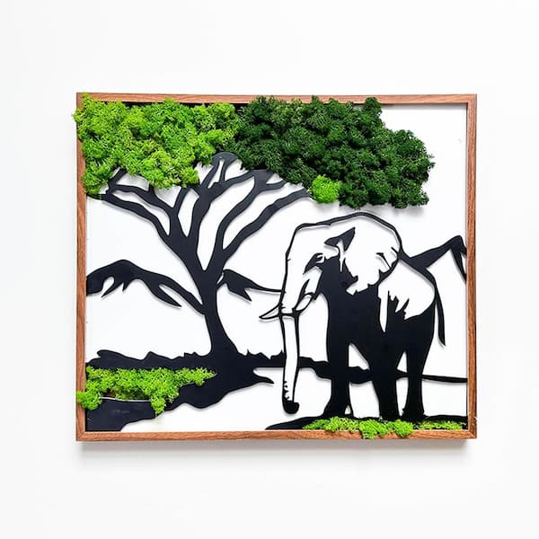 Unbranded 21 in. W x 18 in. H Elephants Metal Art Moss Wall Decor, Natural Design with Lush Green Preserved Moss, Nature and Art