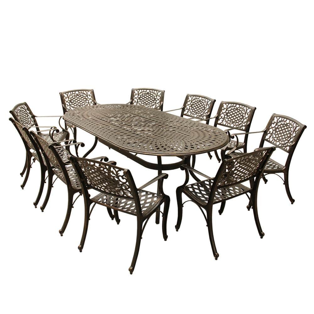 Contemporary Modern 11-Piece Bronze Aluminum Oval Outdoor Dining Set with 1