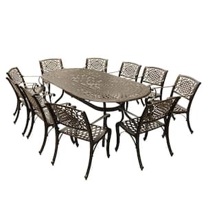 Contemporary Modern 11-Piece Bronze Aluminum Oval Outdoor Dining Set with 10-Chairs