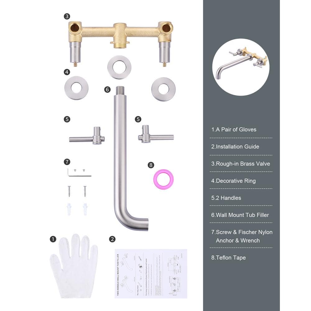 Brushed Nickel Wall Mount Tub Filler with Lever Handles