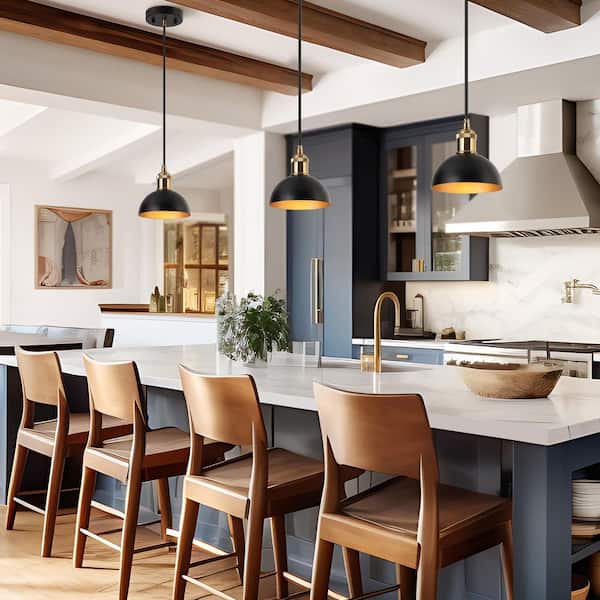 Modern 6 in. 1-Light Black Pendant Light Fixture, Brass Gold Dome Kitchen Island Pendant Lights, Linear Pendant Lighting