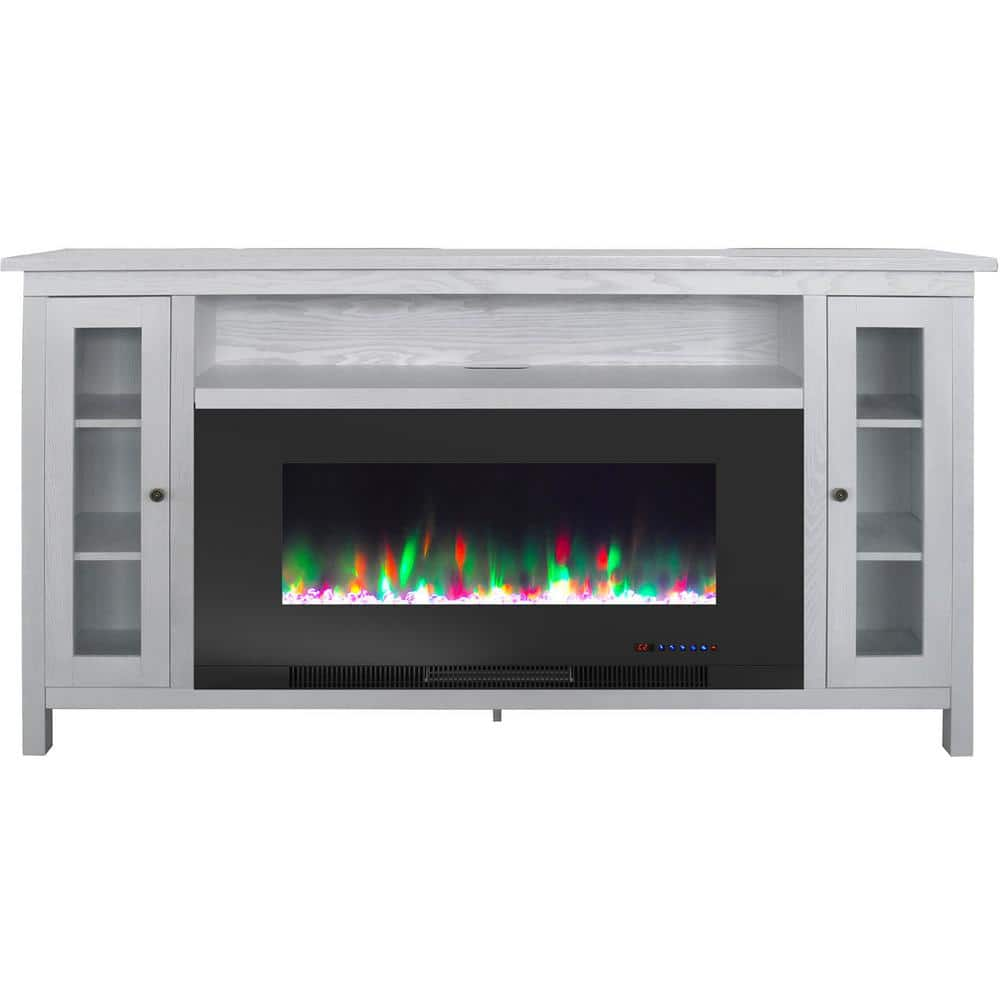 Cambridge Somerset 70 in. White Electric Fireplace TV Stand in Multi-Color with LED Flames Crystal Rock Display and Remote Control