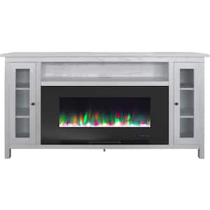 Somerset 70 in. White Electric Fireplace TV Stand in Multi-Color with LED Flames Crystal Rock Display and Remote Control