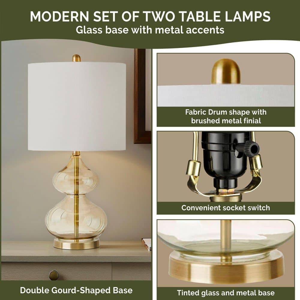 Gray Glass Table Lamp Set with White Drum Shade