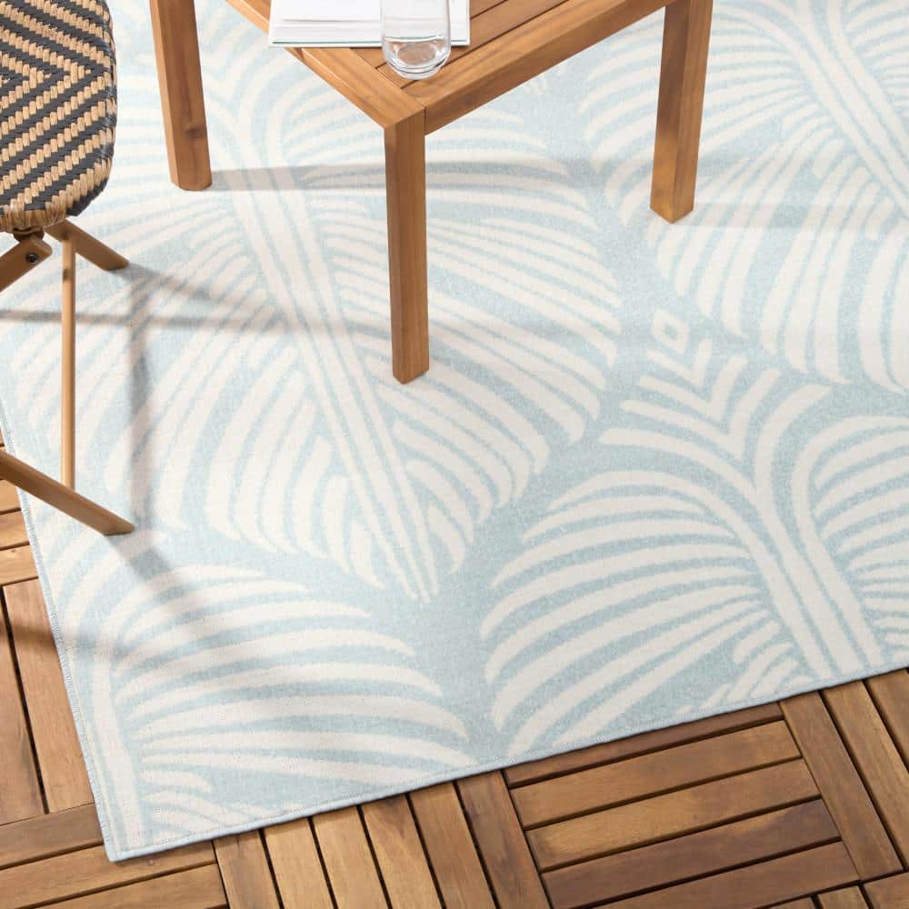 Lanai Blue and Ivory Palm Leaves Rectangular Area Rug